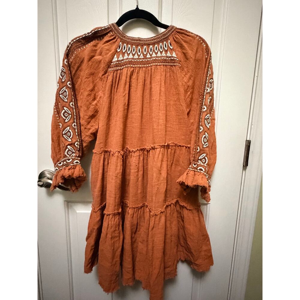 Free People Embroidered Boho Peasant Tunic Dress in Rust Tassel Tie Tiered Flowy